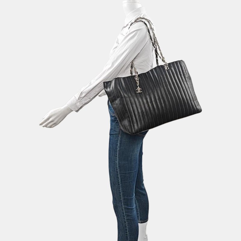 CHANEL托特包 大號 黑色羊皮縫紋單肩包手提包 銀色五金 10開 2條可拆卸肩帶-1