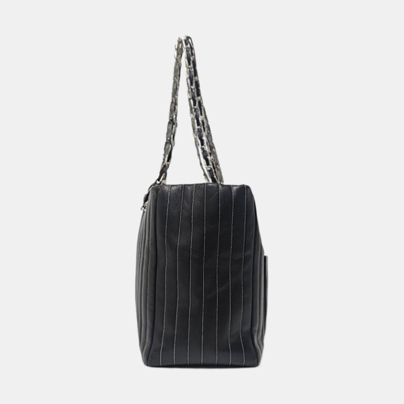 CHANEL托特包 大號 黑色羊皮縫紋單肩包手提包 銀色五金 10開 2條可拆卸肩帶-3