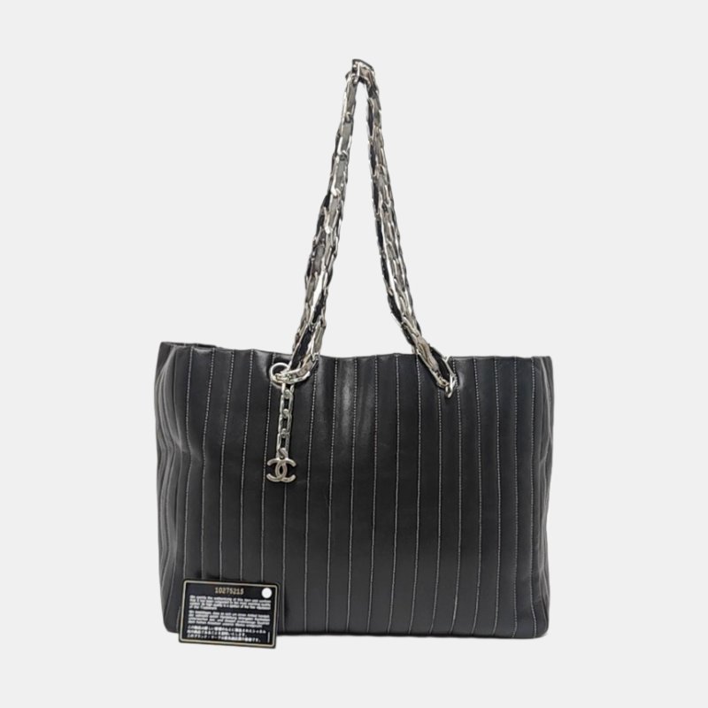 CHANEL托特包 大號 黑色羊皮縫紋單肩包手提包 銀色五金 10開 2條可拆卸肩帶-7