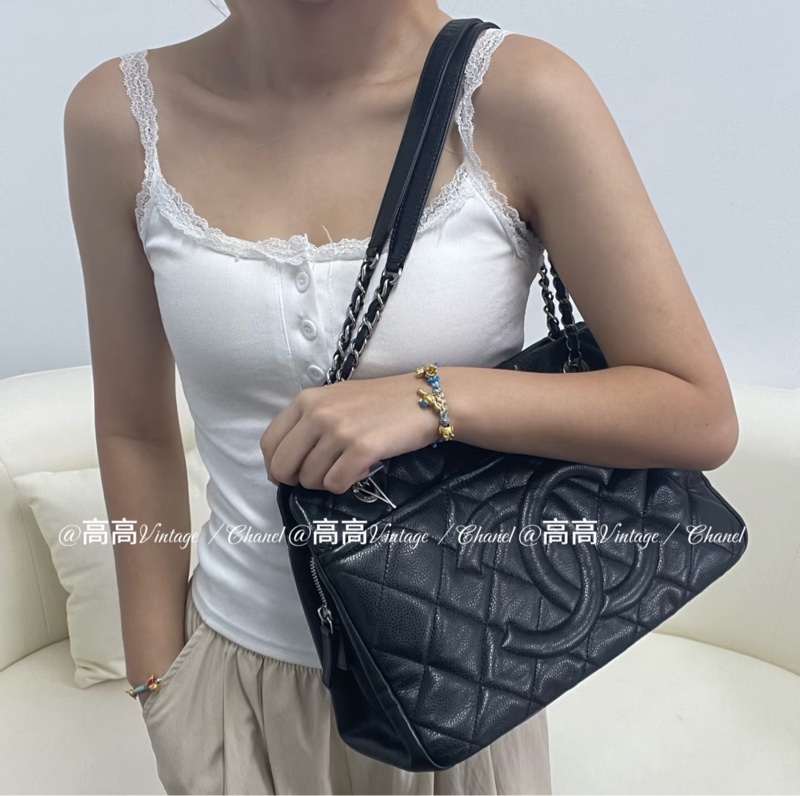 Chanel黑銀荔枝雙c logo肩背托特包 #99新閒置收藏 #大容量媽媽包好適🈴-1