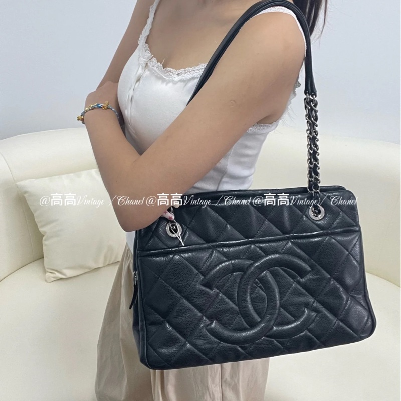 Chanel黑銀荔枝雙c logo肩背托特包 #99新閒置收藏 #大容量媽媽包好適🈴-3