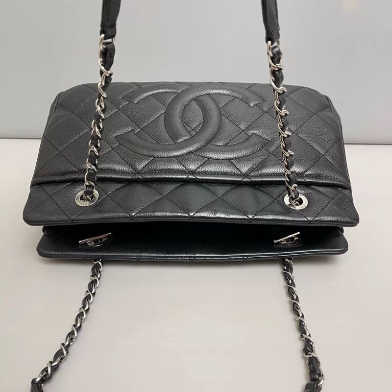 Chanel黑銀荔枝雙c logo肩背托特包 #99新閒置收藏 #大容量媽媽包好適🈴-12