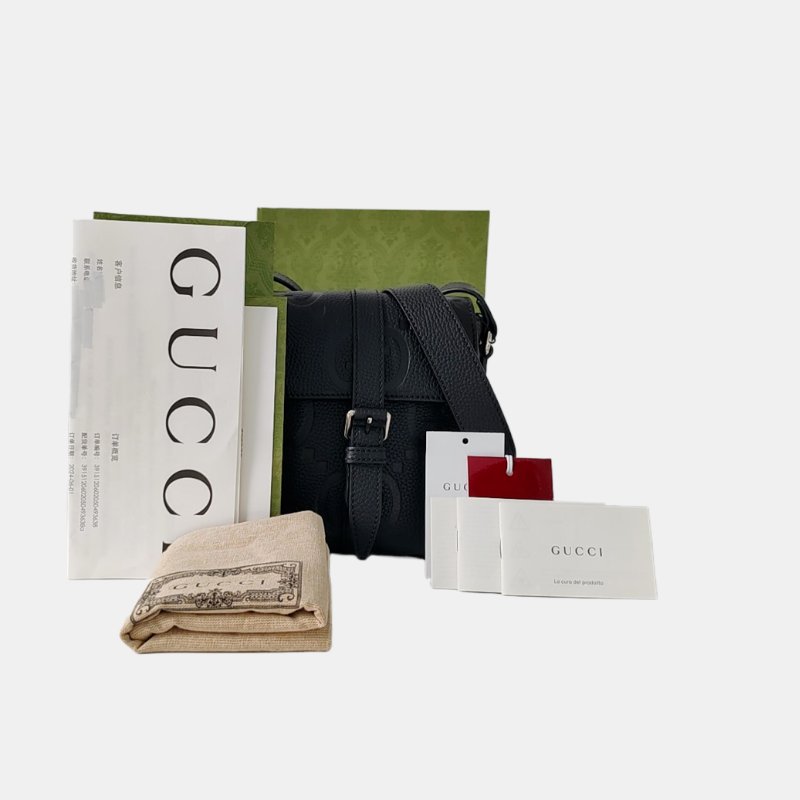 GUCCI Jumbo 小號 黑色牛皮老花壓紋斜挎包單肩包 銀色五金 配件齊全-8
