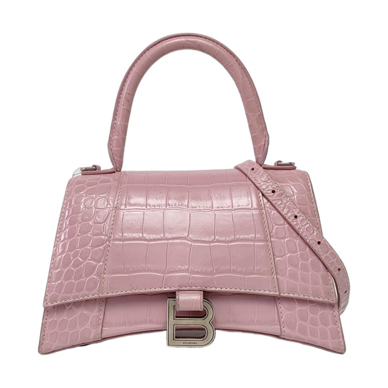 BALENCIAGA Hourglass 小號 粉色牛皮鱷魚紋沙漏包斜挎包手提包單肩包 銀色五金 可拆卸肩帶-0