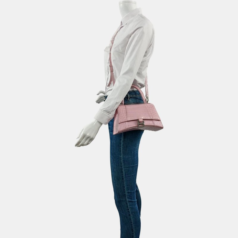 BALENCIAGA Hourglass 小號 粉色牛皮鱷魚紋沙漏包斜挎包手提包單肩包 銀色五金 可拆卸肩帶-1