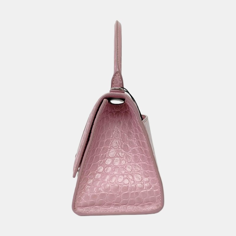 BALENCIAGA Hourglass 小號 粉色牛皮鱷魚紋沙漏包斜挎包手提包單肩包 銀色五金 可拆卸肩帶-2