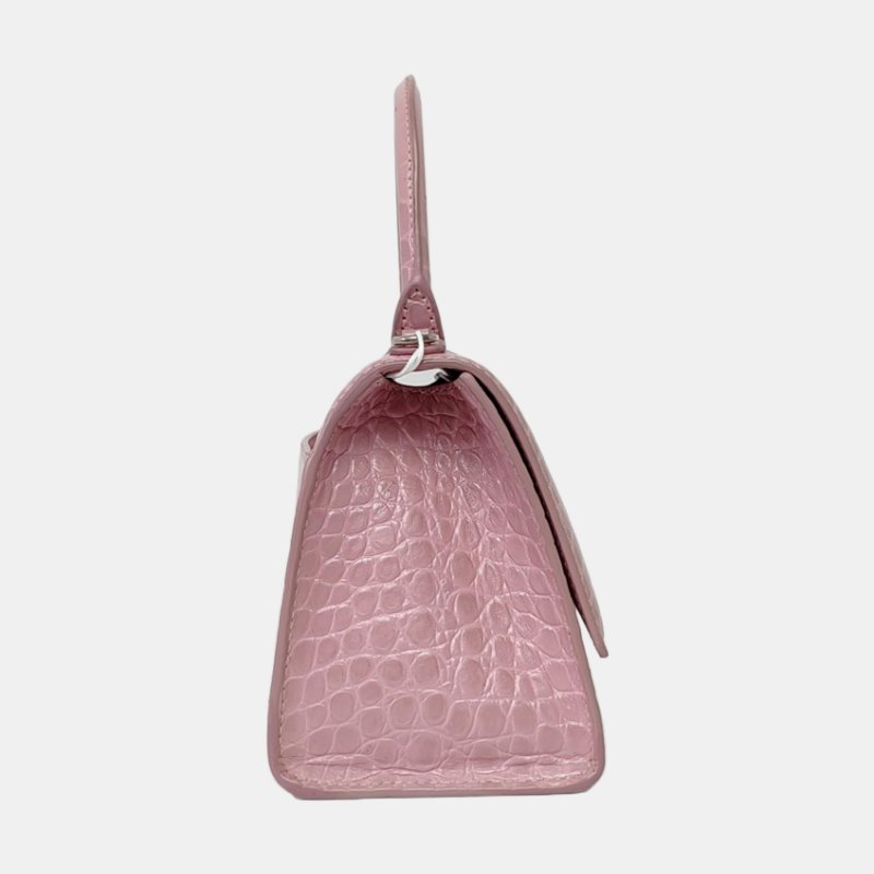 BALENCIAGA Hourglass 小號 粉色牛皮鱷魚紋沙漏包斜挎包手提包單肩包 銀色五金 可拆卸肩帶-3