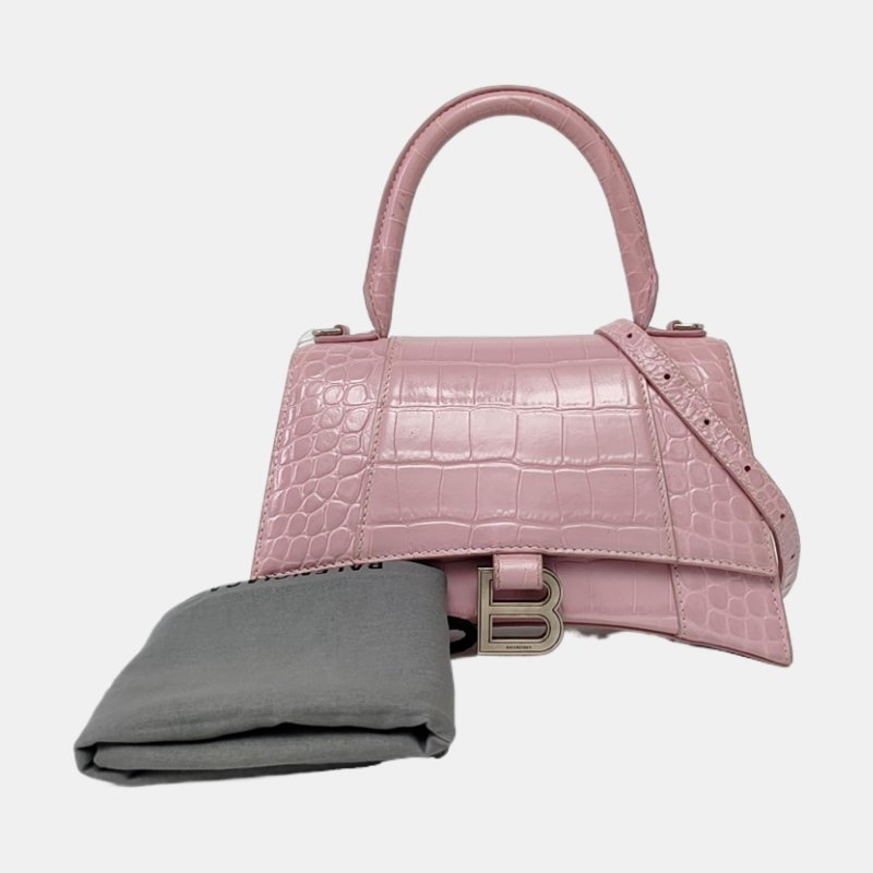 BALENCIAGA Hourglass 小號 粉色牛皮鱷魚紋沙漏包斜挎包手提包單肩包 銀色五金 可拆卸肩帶-7