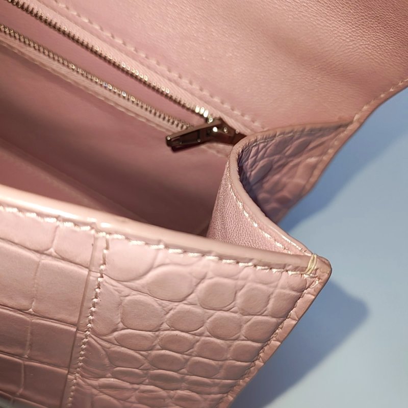 BALENCIAGA Hourglass 小號 粉色牛皮鱷魚紋沙漏包斜挎包手提包單肩包 銀色五金 可拆卸肩帶-9