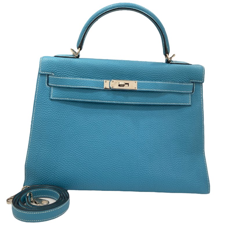 HERMES 愛馬仕 KELLY 32 外縫 🄸刻 皮革 手提包 藍色 銀釦-0