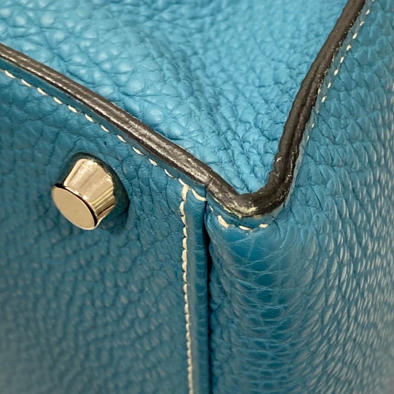 HERMES 愛馬仕 KELLY 32 外縫 🄸刻 皮革 手提包 藍色 銀釦-17