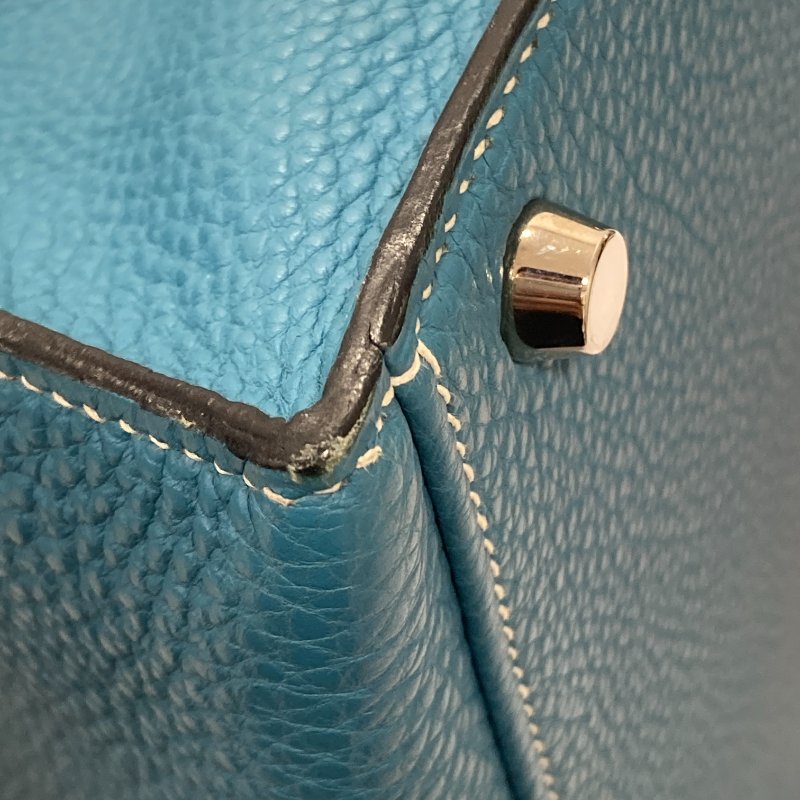 HERMES 愛馬仕 KELLY 32 外縫 🄸刻 皮革 手提包 藍色 銀釦-19