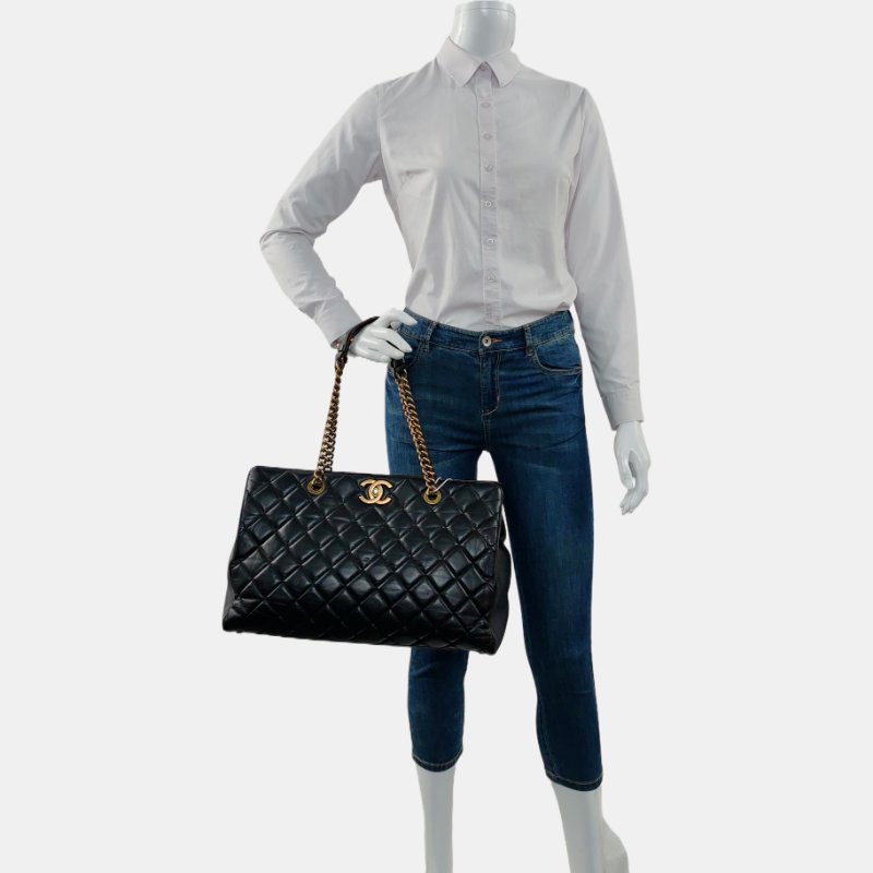 CHANEL托特包 黑色牛皮菱格紋縫線單肩包手提包 金色五金 17開-1