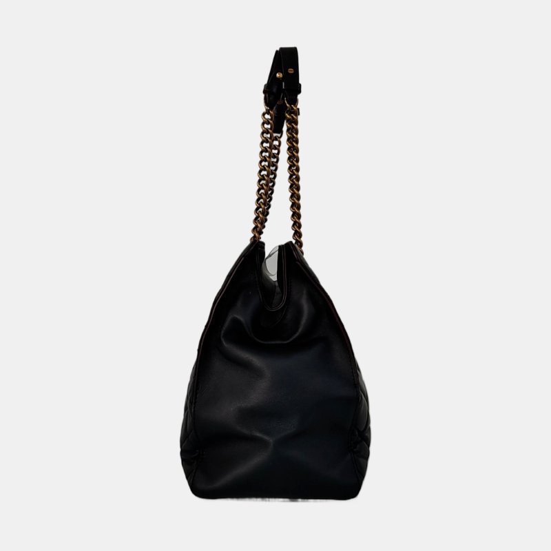 CHANEL托特包 黑色牛皮菱格紋縫線單肩包手提包 金色五金 17開-3