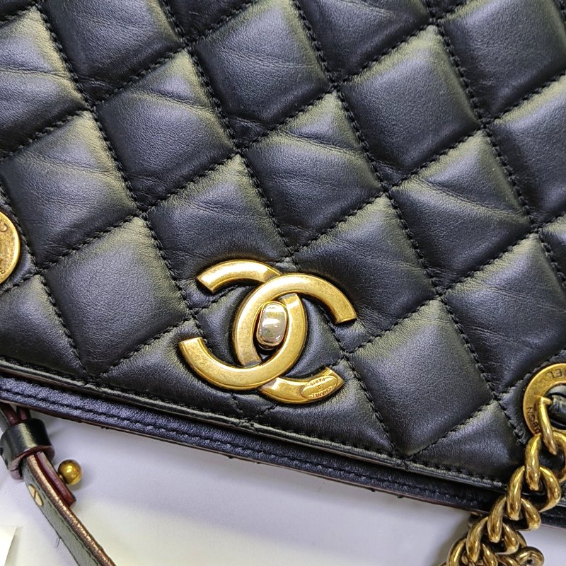 CHANEL托特包 黑色牛皮菱格紋縫線單肩包手提包 金色五金 17開-7