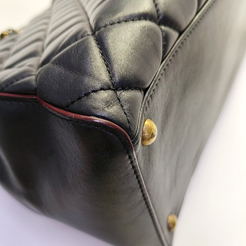 CHANEL托特包 黑色牛皮菱格紋縫線單肩包手提包 金色五金 17開-11