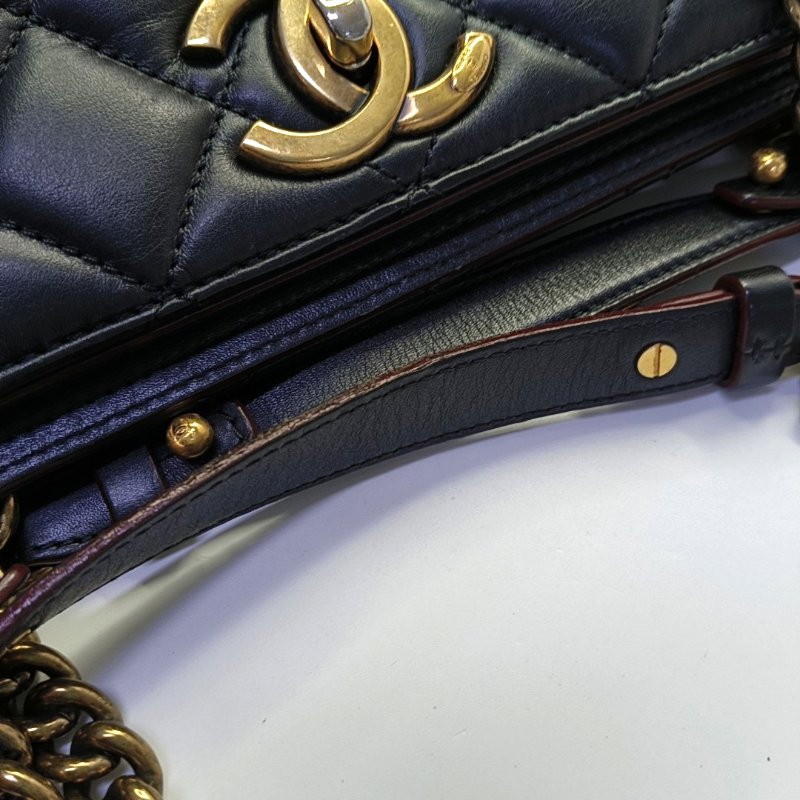 CHANEL托特包 黑色牛皮菱格紋縫線單肩包手提包 金色五金 17開-15