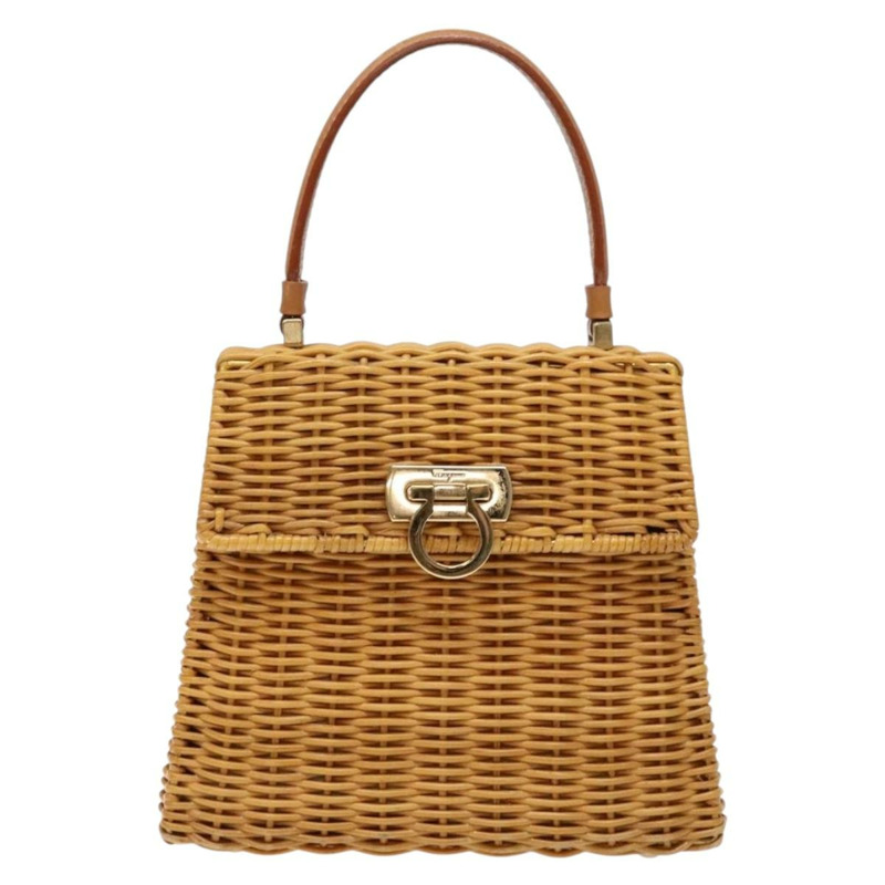 【日本直送】Salvatore Ferragamo Gancini 手提包 Wicker 米色金色 正品 139130V-12