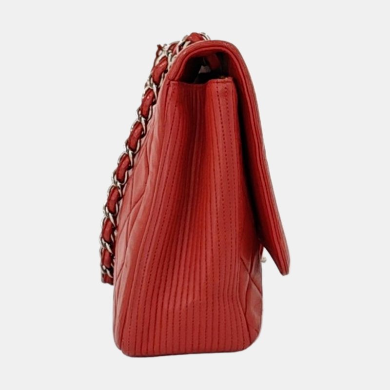 CHANEL CLASSIC FLAP 紅色羊皮菱格紋單肩包斜挎包 銀色五金-3