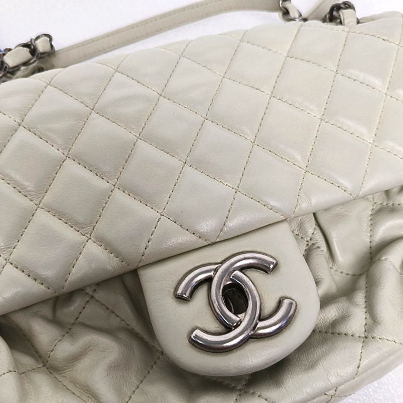 CHANEL CLASSIC FLAP中號 白色牛皮菱格紋縫線單肩包手提包 釕色五金 14開-7