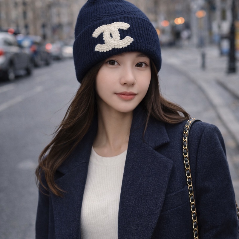 914intheair精品代購『全新全配』Chanel 香奈兒毛帽 雙C logo冷帽 海軍藍 深藍 針織帽-0