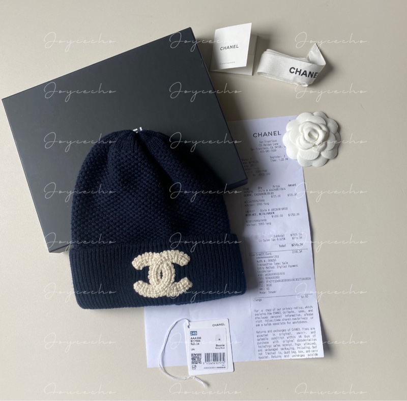 914intheair精品代購『全新全配』Chanel 香奈兒毛帽 雙C logo冷帽 海軍藍 深藍 針織帽-14