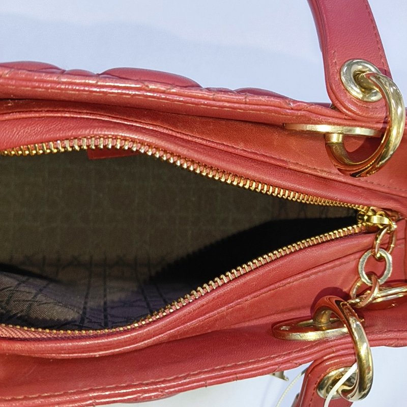DIOR Lady Dior中號 粉色羊皮藤格紋縫線戴妃五格手提包 金色五金-6