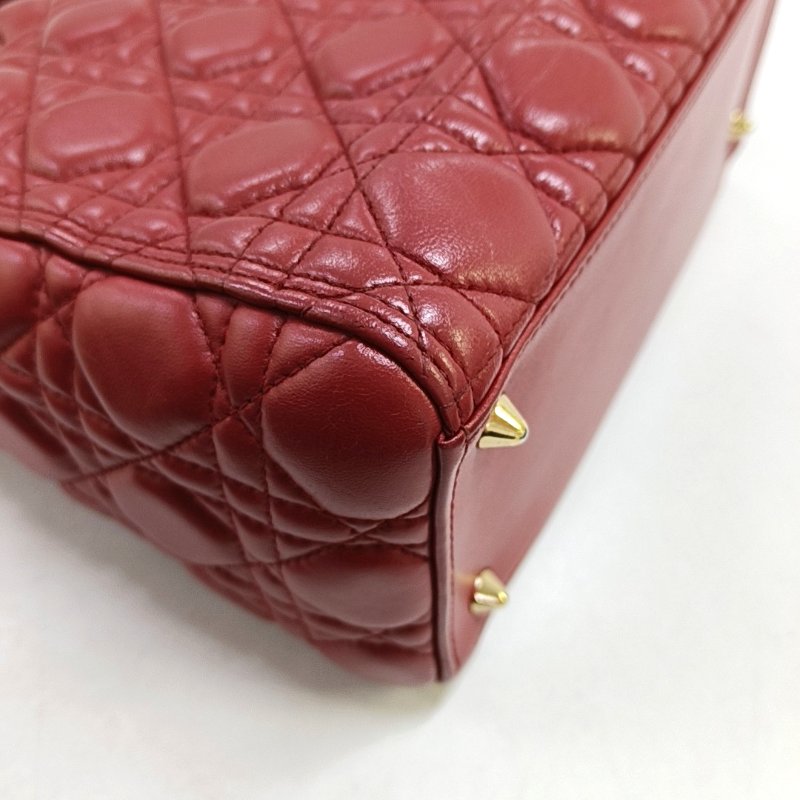 DIOR Lady Dior中號 粉色羊皮藤格紋縫線戴妃五格手提包 金色五金-8