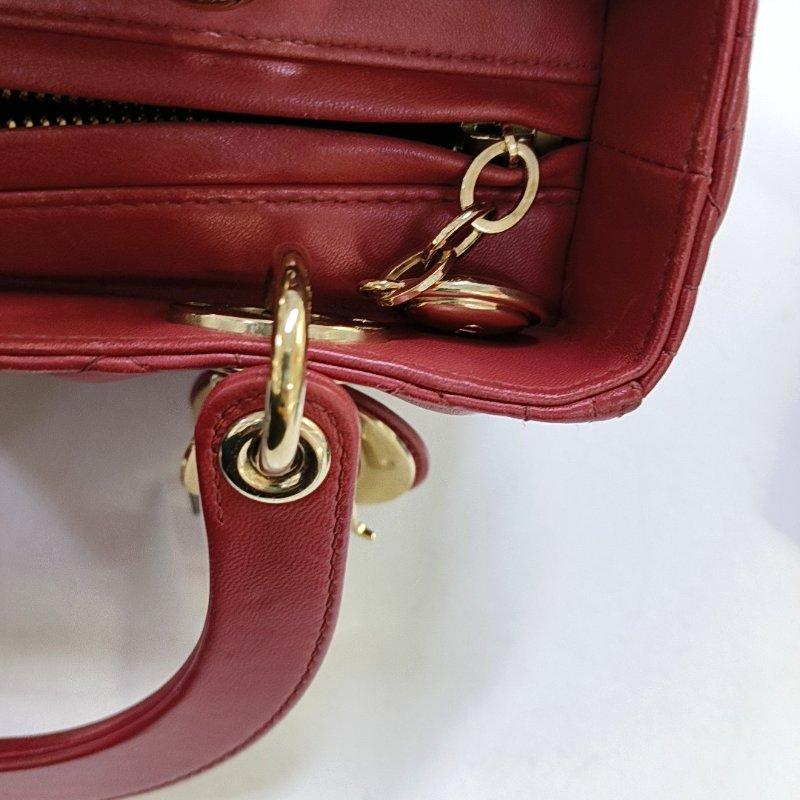 DIOR Lady Dior中號 粉色羊皮藤格紋縫線戴妃五格手提包 金色五金-10