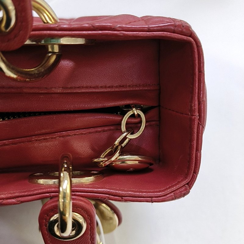 DIOR Lady Dior中號 粉色羊皮藤格紋縫線戴妃五格手提包 金色五金-11