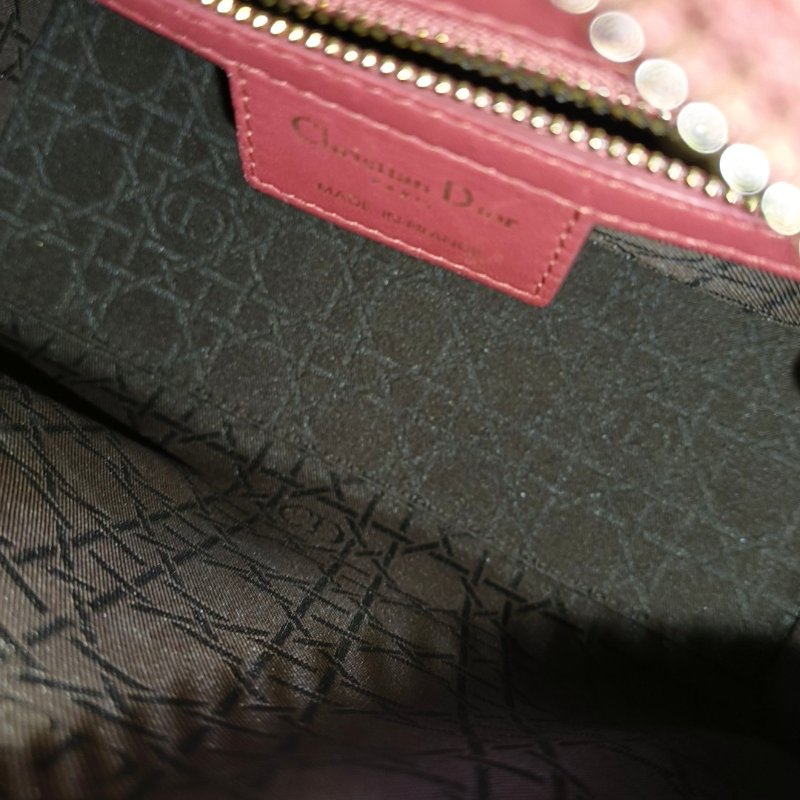 DIOR Lady Dior中號 粉色羊皮藤格紋縫線戴妃五格手提包 金色五金-12