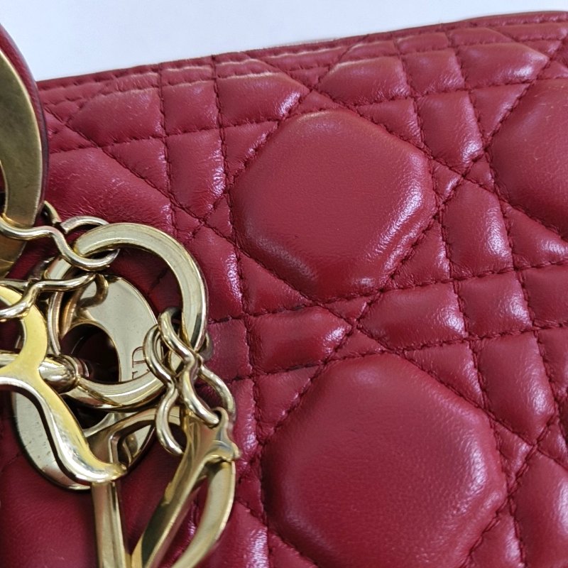 DIOR Lady Dior中號 粉色羊皮藤格紋縫線戴妃五格手提包 金色五金-15