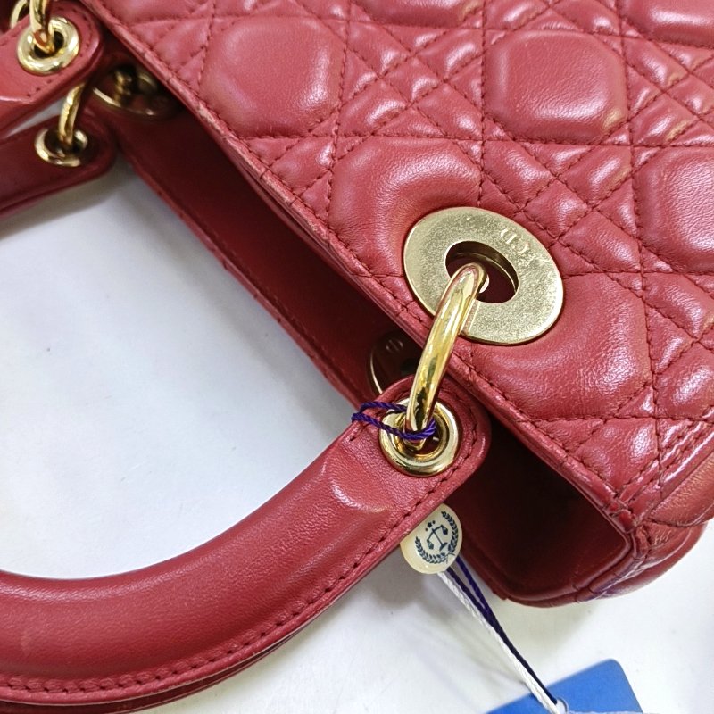 DIOR Lady Dior中號 粉色羊皮藤格紋縫線戴妃五格手提包 金色五金-16