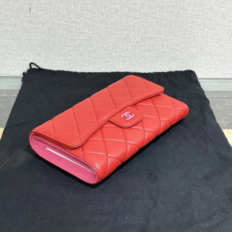 CHANEL 紅色菱格羊皮cf長夾 18*10.5*2 全新閒置配件塵袋保卡-3