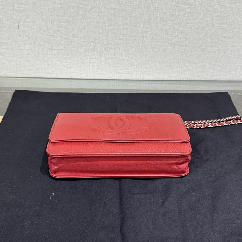 CHANEL 紅銀雙C大logo荔枝牛woc鏈條包 19*12*4 98新配件盒子塵袋-3