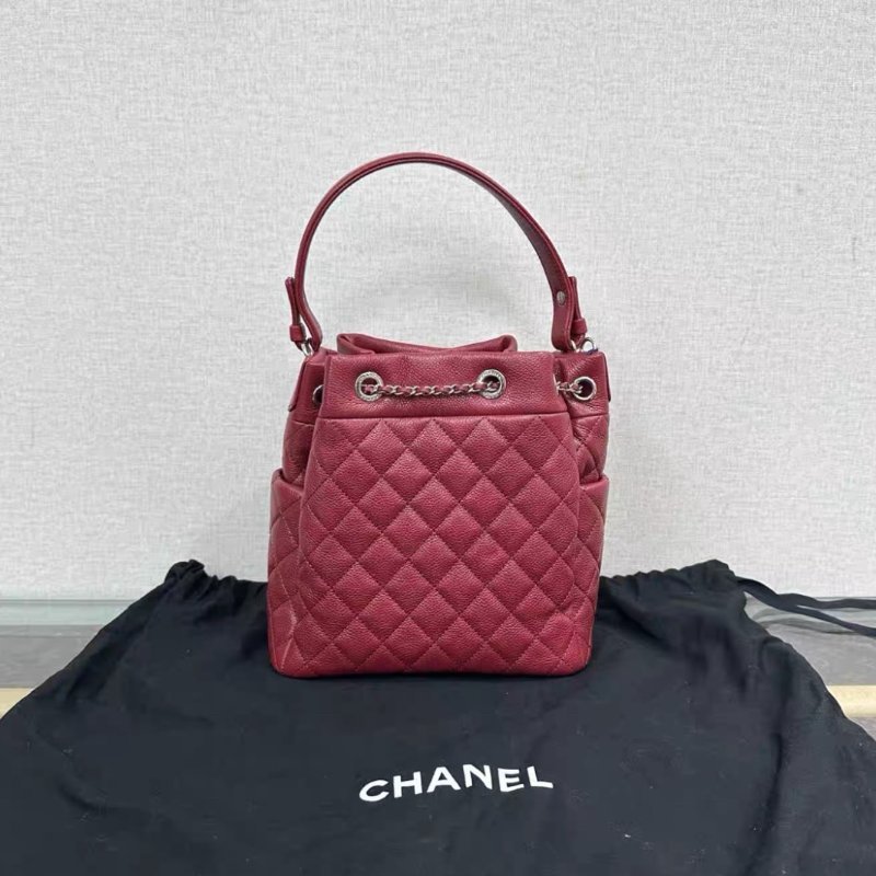 CHANEL 紅銀荔枝牛皮抽繩水桶包 20*21*12 98新配件塵袋-5