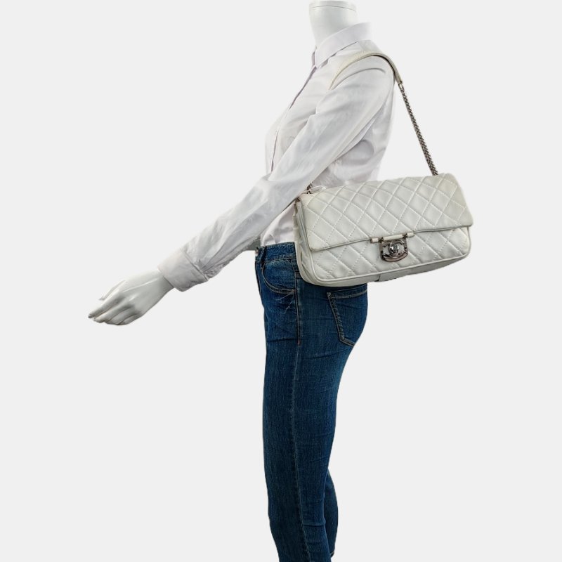 CHANEL CLASSIC FLAP白色羊皮菱格紋縫紉單肩包斜挎包 銀色五金 11開-1