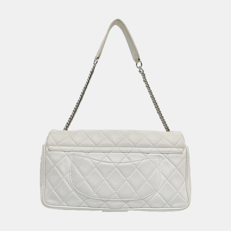 CHANEL CLASSIC FLAP白色羊皮菱格紋縫紉單肩包斜挎包 銀色五金 11開-4