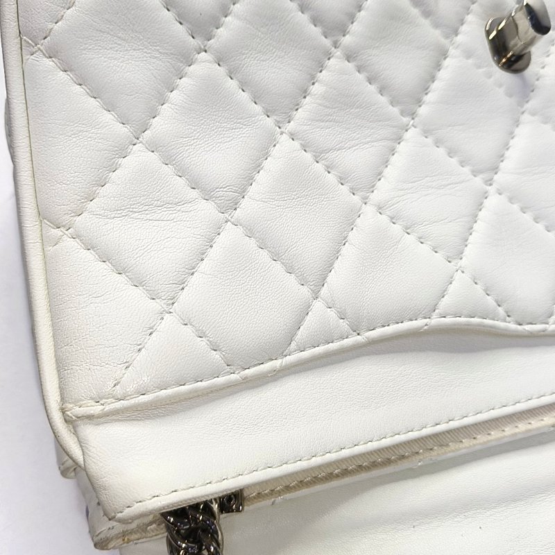 CHANEL CLASSIC FLAP白色羊皮菱格紋縫紉單肩包斜挎包 銀色五金 11開-9