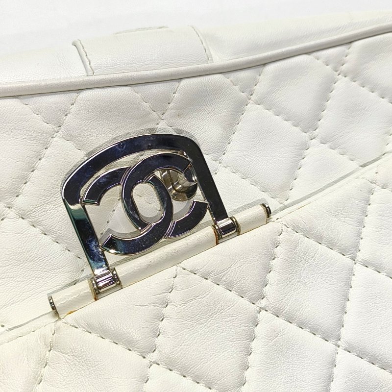 CHANEL CLASSIC FLAP白色羊皮菱格紋縫紉單肩包斜挎包 銀色五金 11開-17