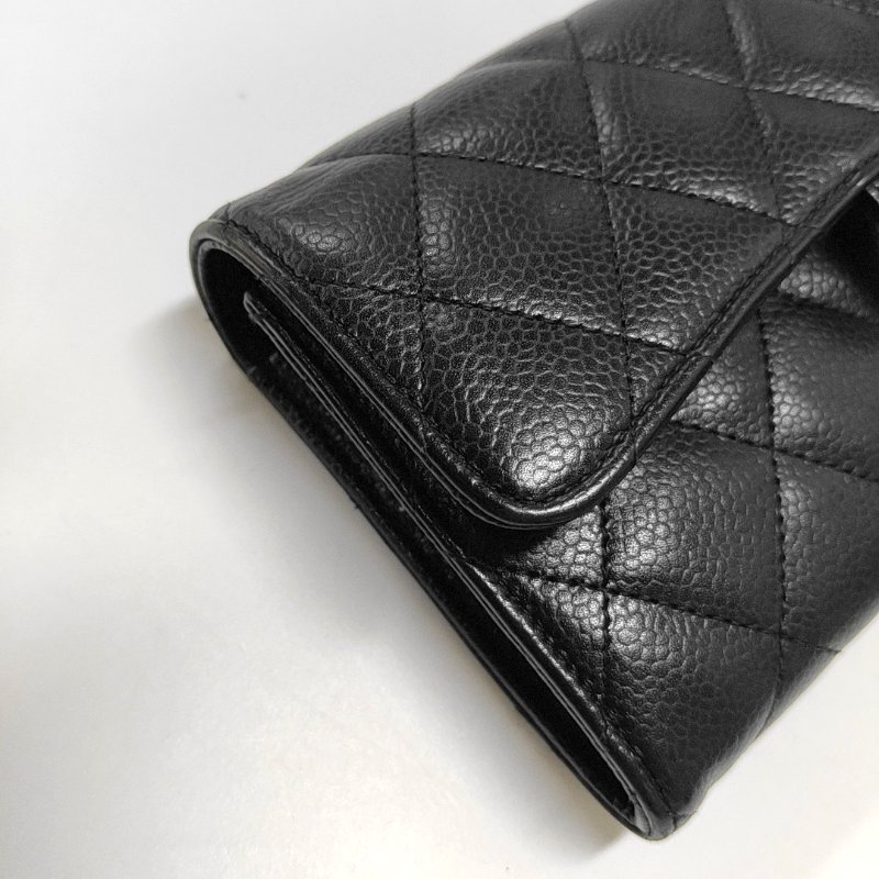 CHANEL CLASSIC FLAP黑色荔枝紋牛皮菱格紋縫紉錢包 金色五金 22開-7