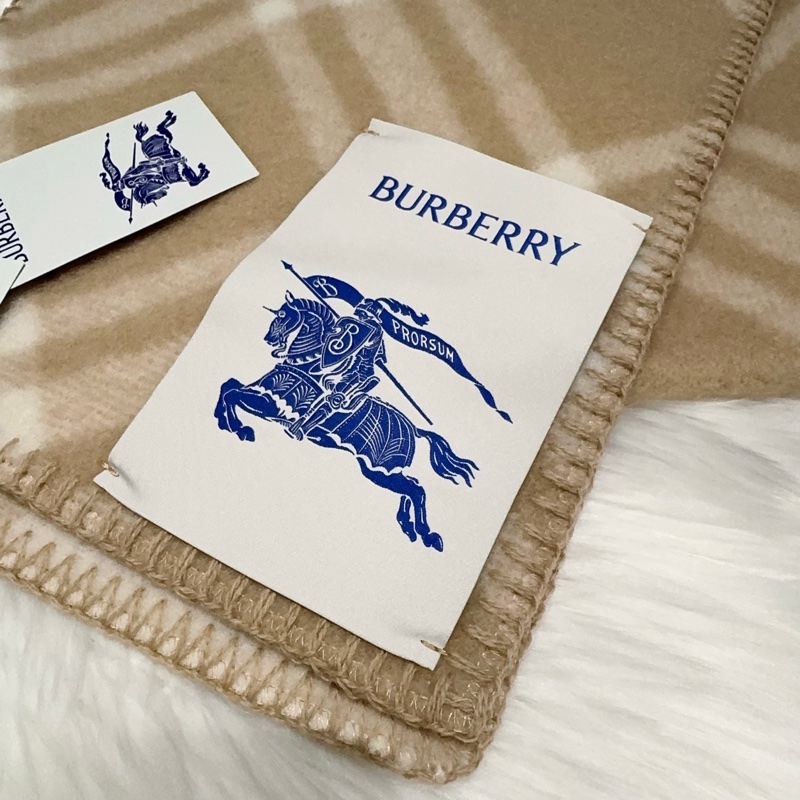 Burberry馬術騎士徽標毯邊鎖縫 絨線圍巾 男女同款情侶款 米色-3