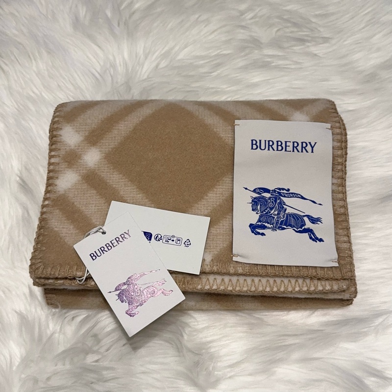 Burberry馬術騎士徽標毯邊鎖縫 絨線圍巾 男女同款情侶款 米色-4