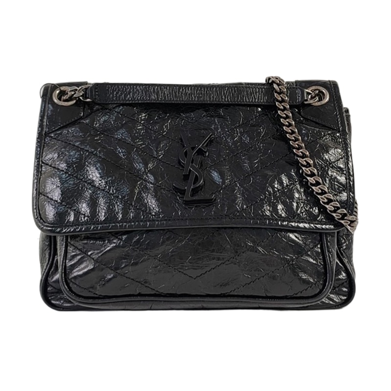 YSL NIKI中號 黑色牛皮V紋單肩包 釕色五金-0