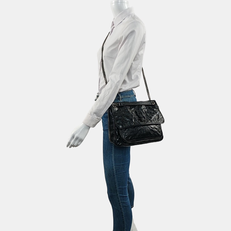 YSL NIKI中號 黑色牛皮V紋單肩包 釕色五金-9