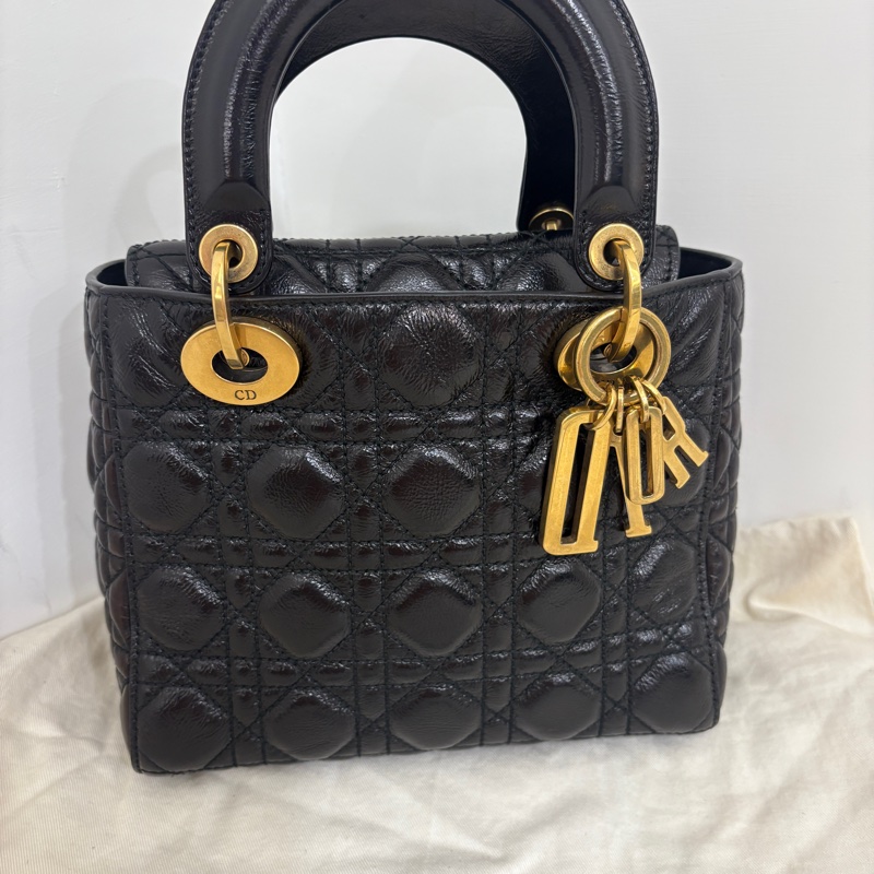 Dior/迪奥黑金油蠟牛皮 限量徽章款 四格戴妃 20*17*8-2