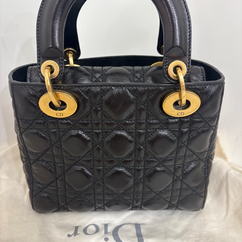 Dior/迪奥黑金油蠟牛皮 限量徽章款 四格戴妃 20*17*8-3