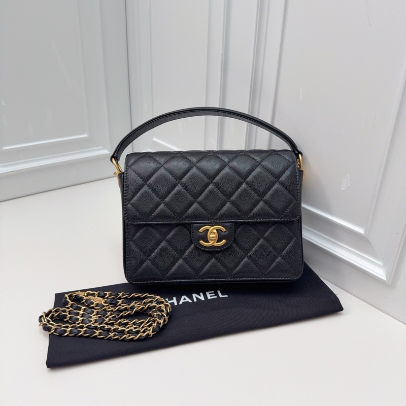 閒置新香奈兒/Chanel 黑金荔枝皮手提斜挎鏈條包 芯片款-0