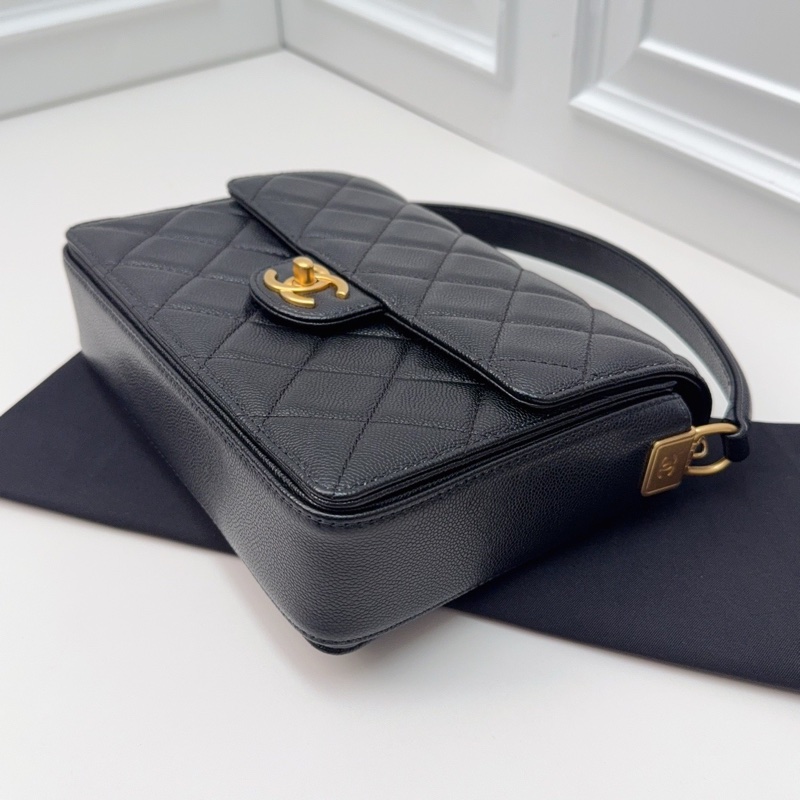 閒置新香奈兒/Chanel 黑金荔枝皮手提斜挎鏈條包 芯片款-8