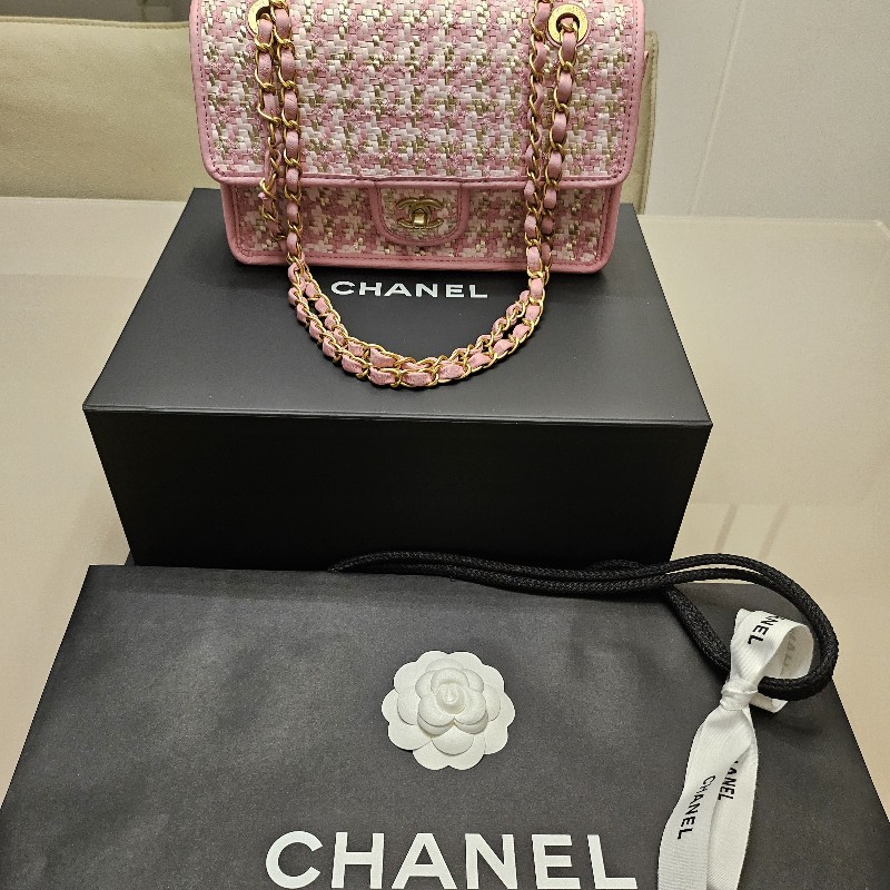 Chanel 櫻花粉特殊異材質毛呢皮革編織包-0